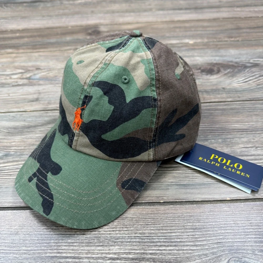 Polo Ralph Lauren Mens Baseball Cap Camo Orange Pony Adjustable NWT